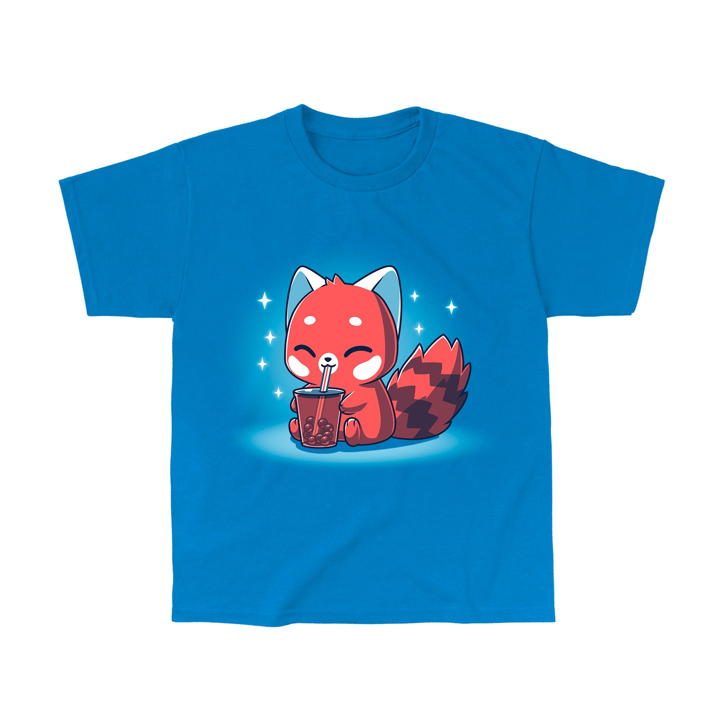 Classic Cotton T-shirt_TeeTurtle Boba Red Panda Sapphire Blue t-shirt featuring a cute red panda cartoon happily drinking bubble tea with a straw against a blue background with sparkles.