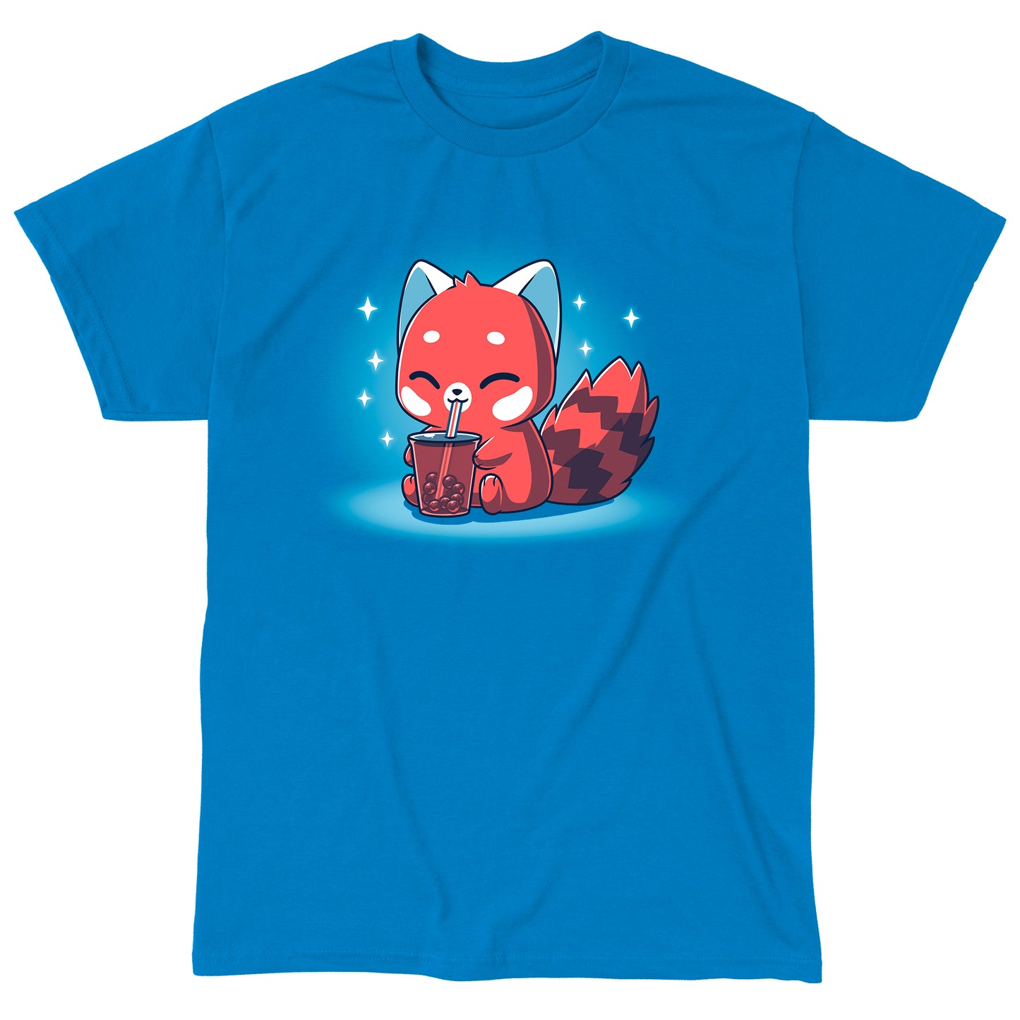 Classic Cotton T-shirt_TeeTurtle Boba Red Panda Sapphire Blue t-shirt featuring a cute red panda cartoon happily drinking bubble tea with a straw against a blue background with sparkles.