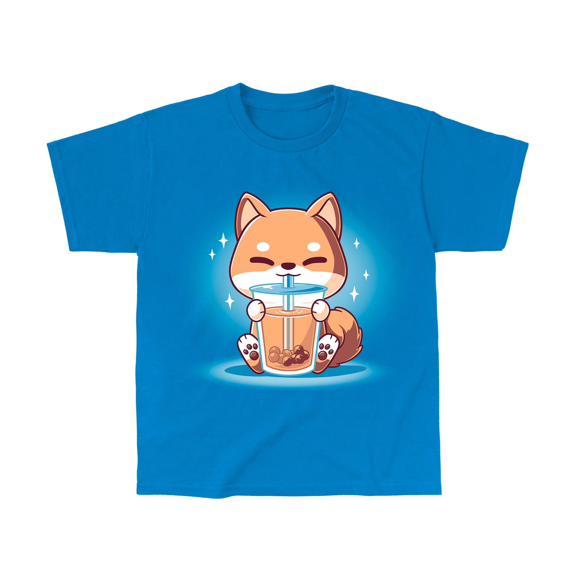 Classic Cotton T-shirt_TeeTurtle Boba Shiba Sapphire Blue t-shirt featuring a cartoon fox happily drinking Boba Shiba from a cup with a straw, set against a blue background with sparkles.