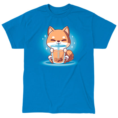 Classic Cotton T-shirt_TeeTurtle Boba Shiba Sapphire Blue t-shirt featuring a cartoon fox happily drinking Boba Shiba from a cup with a straw, set against a blue background with sparkles.