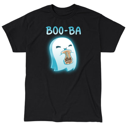 Classic Cotton T-shirt_TeeTurtle Boo-ba black t-shirt featuring a cheerful ghost sipping a boba drink.