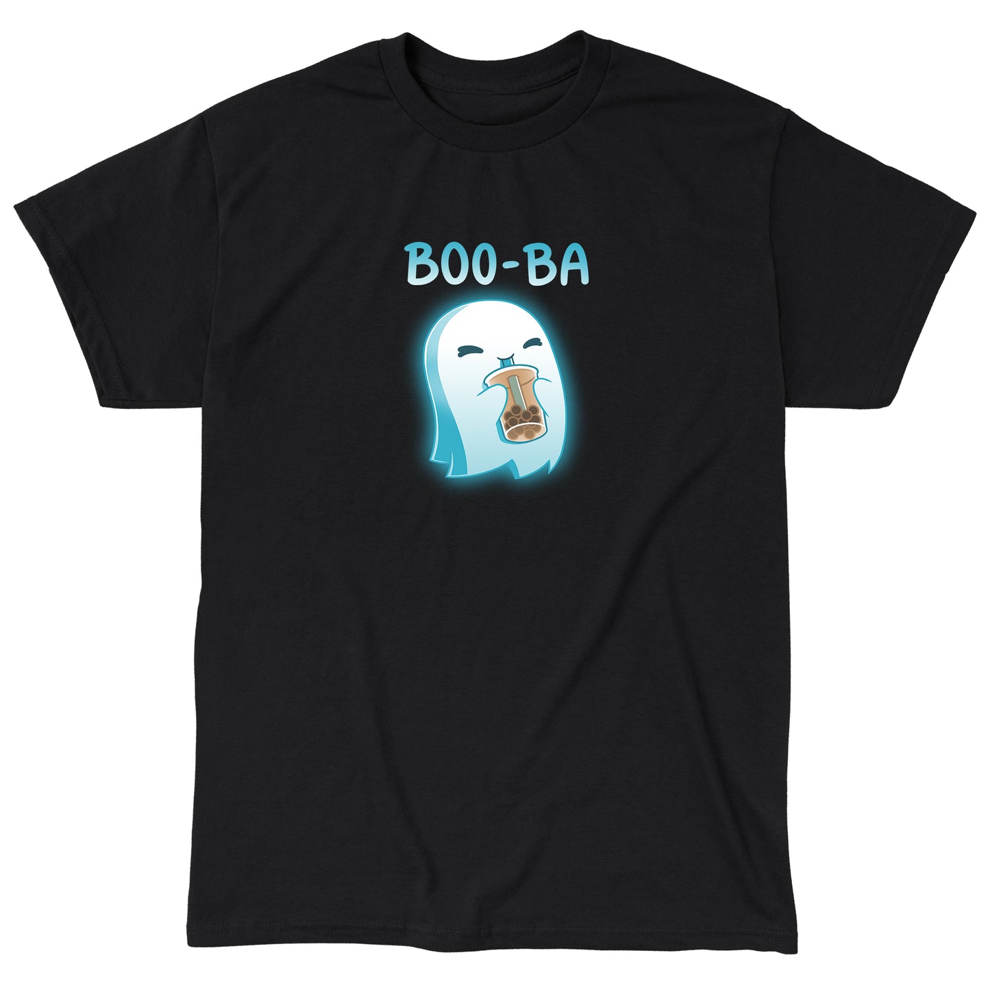 Classic Cotton T-shirt_TeeTurtle Boo-ba black t-shirt featuring a cheerful ghost sipping a boba drink.