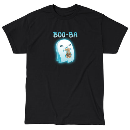 Classic Cotton T-shirt_TeeTurtle Boo-ba black t-shirt featuring a cheerful ghost sipping a boba drink.