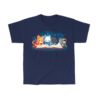 Classic Cotton T-shirt_TeeTurtle navy blue Books Are Magic. Featuring a cat with a red and yellow scarf, a cat with a blue and black scarf, a cat with a green and black scarf, and a cat with a yellow and black scarf reading the same book together.