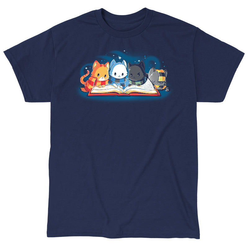 Classic Cotton T-shirt_TeeTurtle navy blue Books Are Magic. Featuring a cat with a red and yellow scarf, a cat with a blue and black scarf, a cat with a green and black scarf, and a cat with a yellow and black scarf reading the same book together.