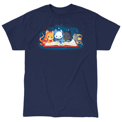 Classic Cotton T-shirt_TeeTurtle navy blue Books Are Magic. Featuring a cat with a red and yellow scarf, a cat with a blue and black scarf, a cat with a green and black scarf, and a cat with a yellow and black scarf reading the same book together.