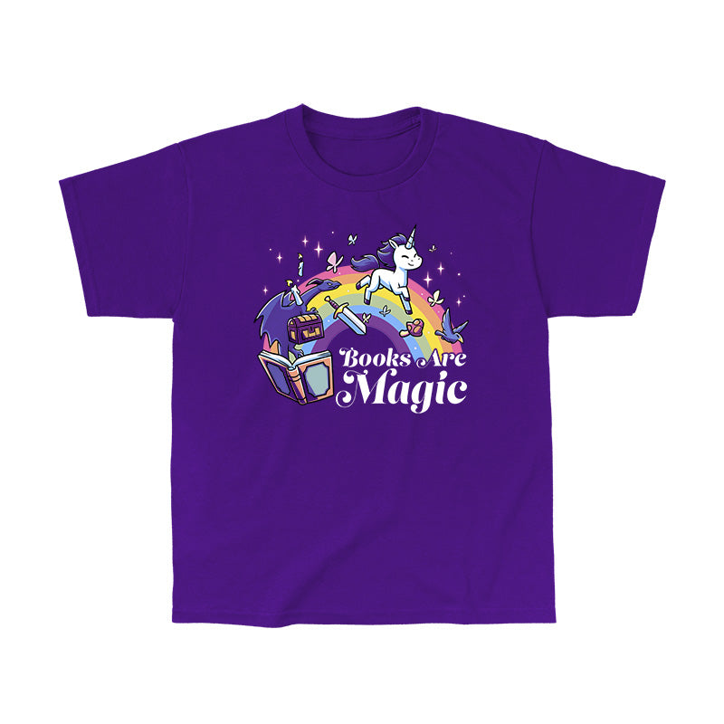 Classic Cotton T-shirt_TeeTurtle Books Are Magic(Unicorn) purple t-shirt featuring a flying unicorn, open book, rainbow, treasure chest, sword, and birds.