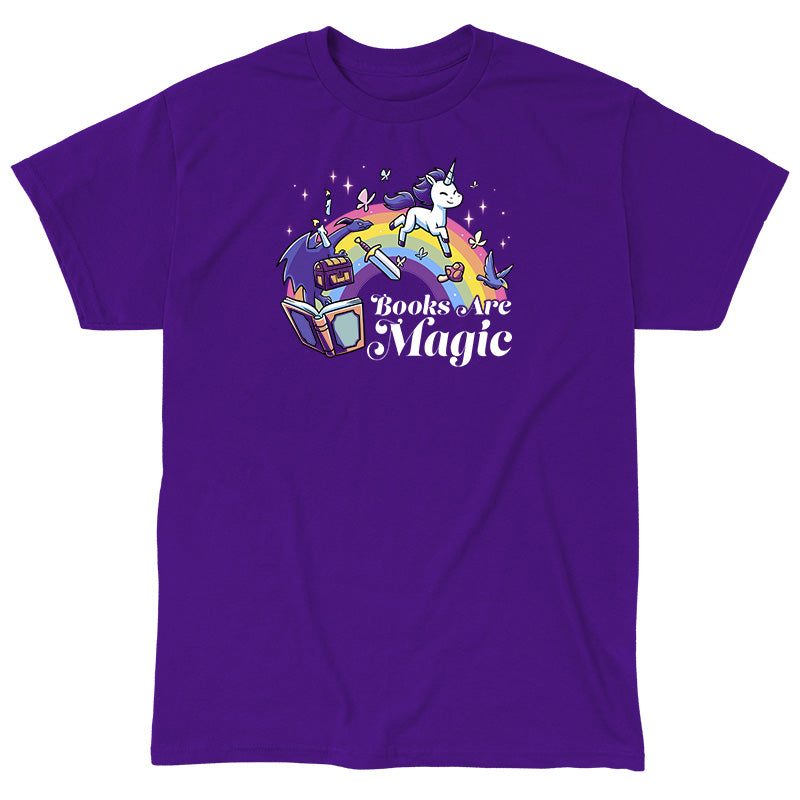 Classic Cotton T-shirt_TeeTurtle Books Are Magic(Unicorn) purple t-shirt featuring a flying unicorn, open book, rainbow, treasure chest, sword, and birds.