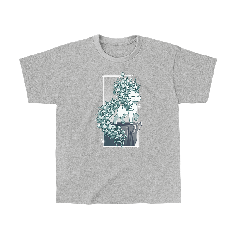 Classic Cotton T-shirt_TeeTurtle heather gray Botanicorn apparel featuring a magical unicorn with a mane and tail made out of the plant silver falls, or silver nickel vine, standing elegantly with a hoof raised on a cliff.