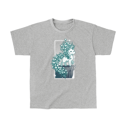 Classic Cotton T-shirt_TeeTurtle heather gray Botanicorn apparel featuring a magical unicorn with a mane and tail made out of the plant silver falls, or silver nickel vine, standing elegantly with a hoof raised on a cliff.