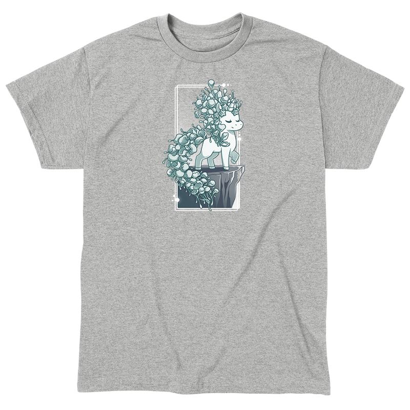 Classic Cotton T-shirt_TeeTurtle heather gray Botanicorn apparel featuring a magical unicorn with a mane and tail made out of the plant silver falls, or silver nickel vine, standing elegantly with a hoof raised on a cliff.