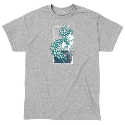 Classic Cotton T-shirt_TeeTurtle heather gray Botanicorn apparel featuring a magical unicorn with a mane and tail made out of the plant silver falls, or silver nickel vine, standing elegantly with a hoof raised on a cliff.