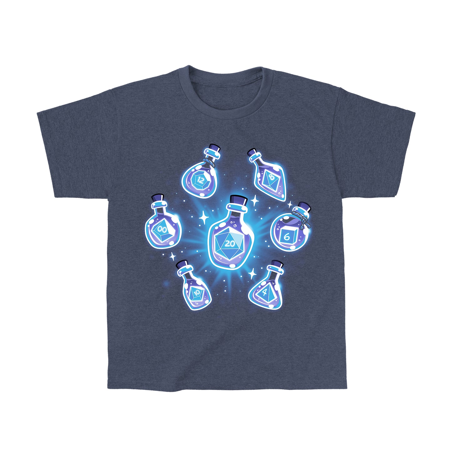 Classic Cotton T-shirt_TeeTurtle heather navy Bottled Dice t-shirt featuring a set of dice in potion bottles.