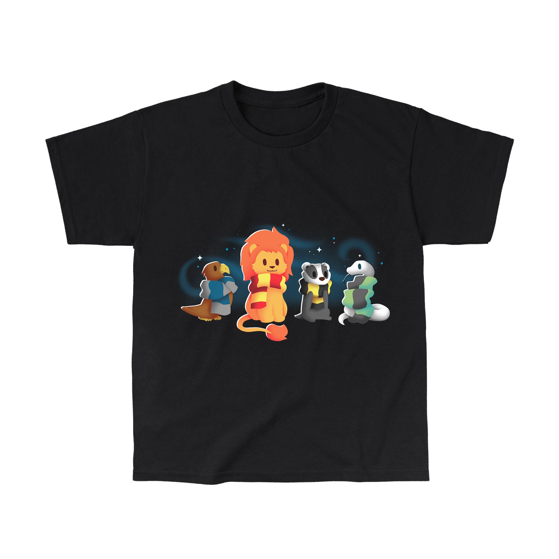 Classic Cotton T-shirt_TeeTurtle Brave, Loyal, Wise & Cunning black t-shirt featuring a fantasy bird, lion, badger and snake all wrapped in various striped scarves and surrounded by swirls of magic.