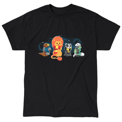 Classic Cotton T-shirt_TeeTurtle Brave, Loyal, Wise & Cunning black t-shirt featuring a fantasy bird, lion, badger and snake all wrapped in various striped scarves and surrounded by swirls of magic.