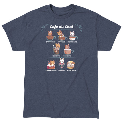 Classic Cotton T-shirt_TeeTurtle Cafè Du Chat heather navy t-shirt featuring a menu titled "Café du Chat" featuring cats in different beverages and desserts: Catpuccino, Affogato, Mewcchiato, Iced Catte, Chai Catte, Cinnamew Roll, Purrfait, and Meowcaron.