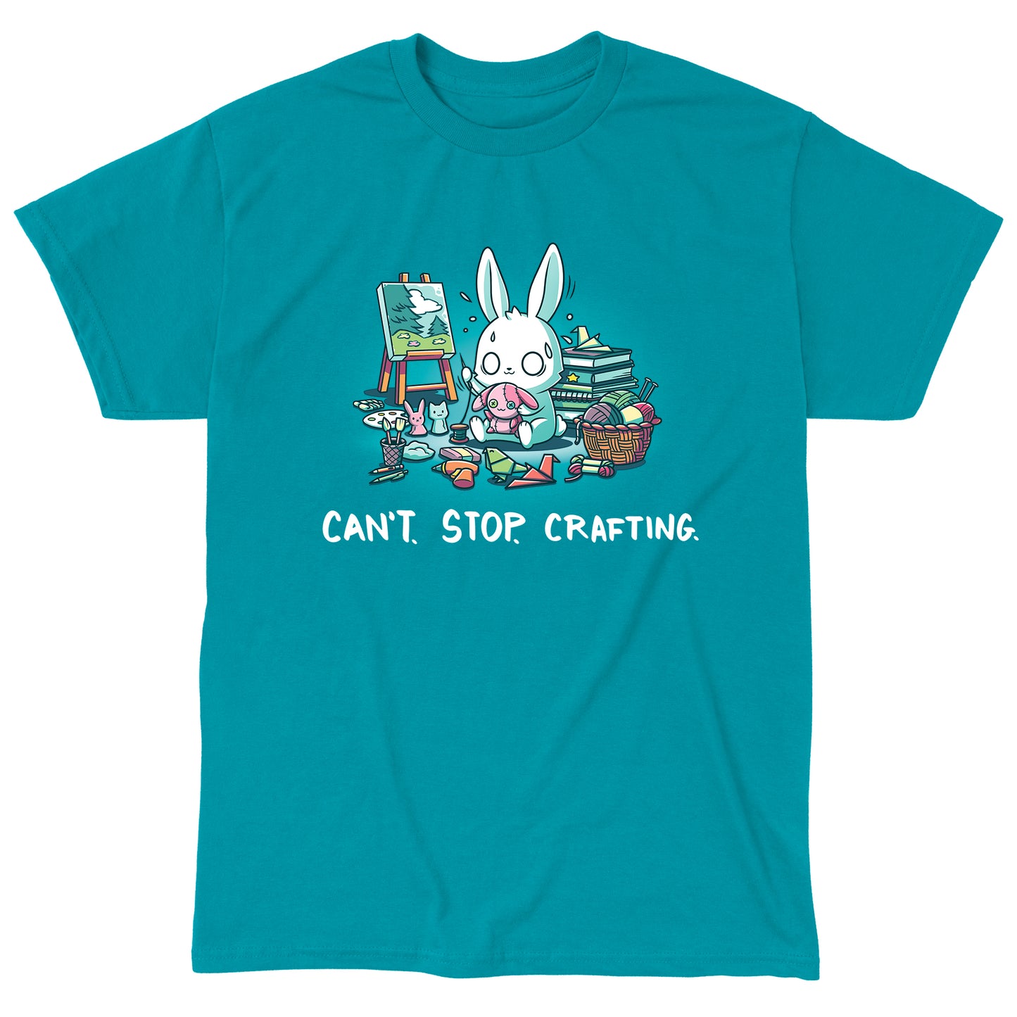 Classic Cotton T-shirt_TeeTurtle Can't. Stop. Crafting. tropical blue t-shirt featuring an illustration of a white rabbit with large, expressive eyes, and sweat droplets coming from its head sewing a small pink bunny surrounded by crafting materials like balls of yarn in a woven basket, paint pallets and brushes,  origami birds and other shapes, sewing thread, small stuffed animals, books stacked high, craft knives, and other crafting supplies, with the text "CAN'T. STOP. CRAFTING." at the bottom.