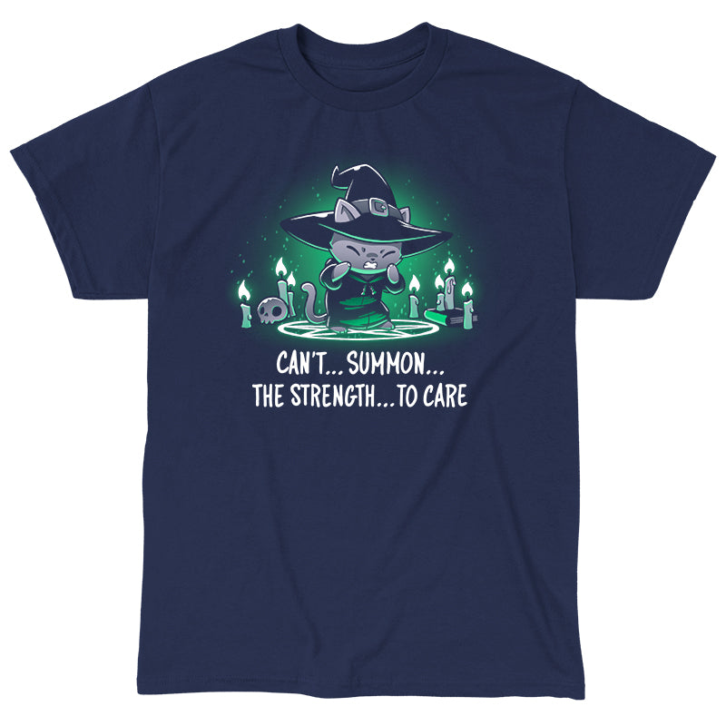 Classic Cotton T-shirt_TeeTurtle Can't Summon The Strength To Care Navy Blue t-shirt featuring a grey cat in a black witch's hat and black robe struggling to cast a spell. It's standing in a summoning circle with candles, a scull, and a book around it. It is surrounded by a green glow. Text underneath it says "Can't... summon... the strength... to care"