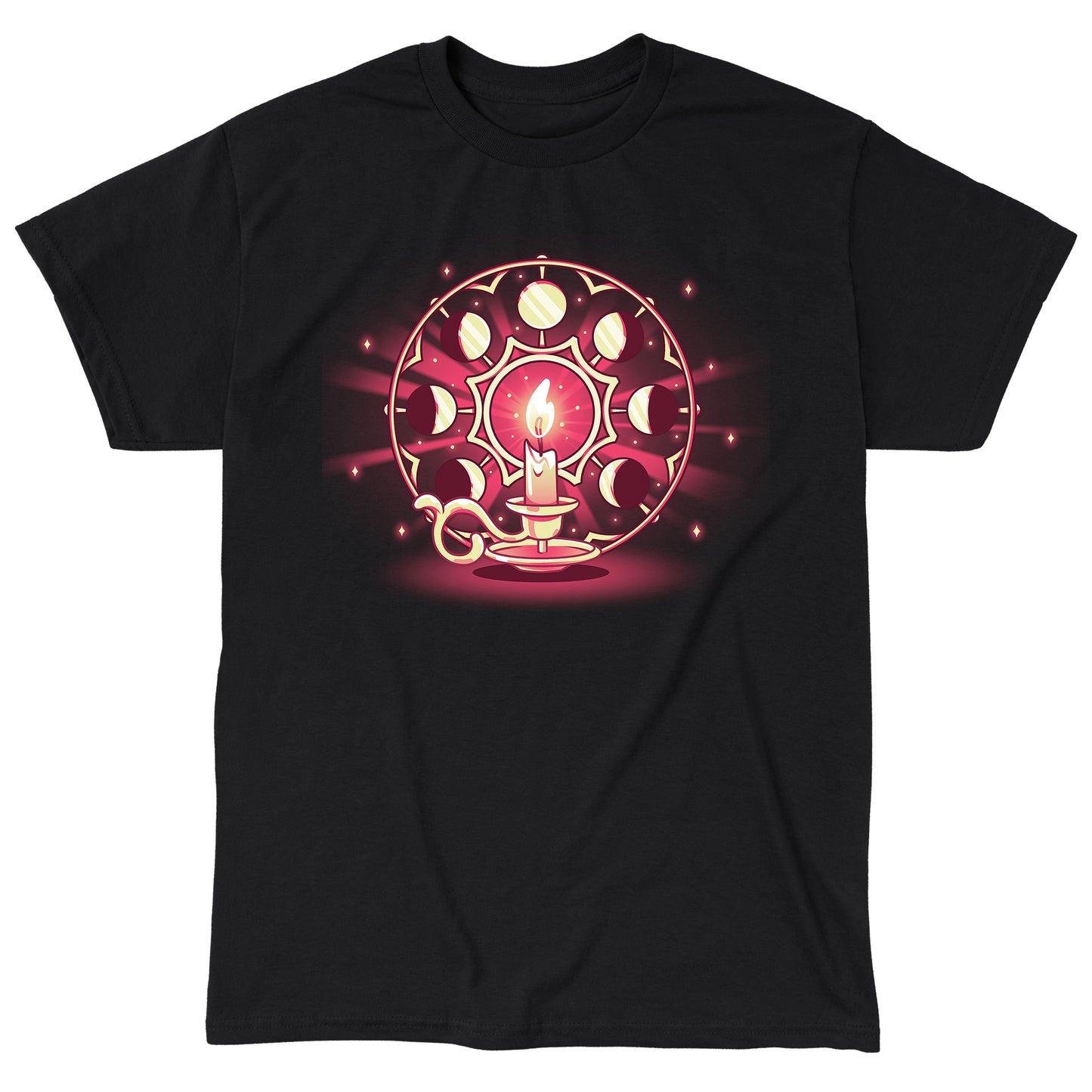 Classic Cotton T-shirt_TeeTurtle Candlelit Orbit black t-shirt featuring a lit candle on a holder in front of a circular arrangement depicting the lunar cycle, with glowing stars in the background. 