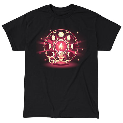 Classic Cotton T-shirt_TeeTurtle Candlelit Orbit black t-shirt featuring a lit candle on a holder in front of a circular arrangement depicting the lunar cycle, with glowing stars in the background. 