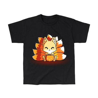 Classic Cotton T-shirt_TeeTurtle Candy Corn Kitsune black t-shirt featuring a happy kitsune holding a Halloween jack-o-lantern full of candy corn.