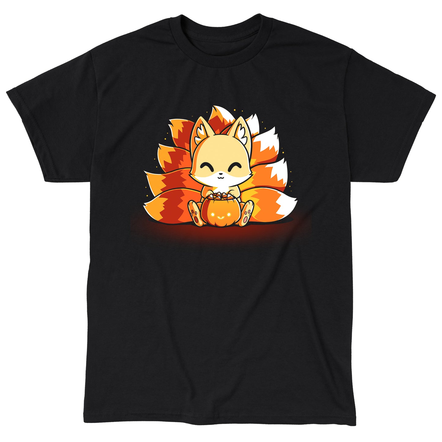 Classic Cotton T-shirt_TeeTurtle Candy Corn Kitsune black t-shirt featuring a happy kitsune holding a Halloween jack-o-lantern full of candy corn.