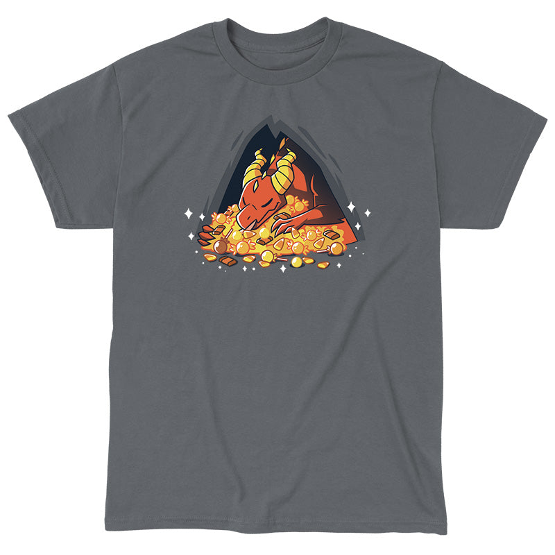 Classic Cotton T-shirt_TeeTurtle Candy Hoarder charcoal gray t-shirt featuring a dragon sleeping on its hoard of Halloween candy