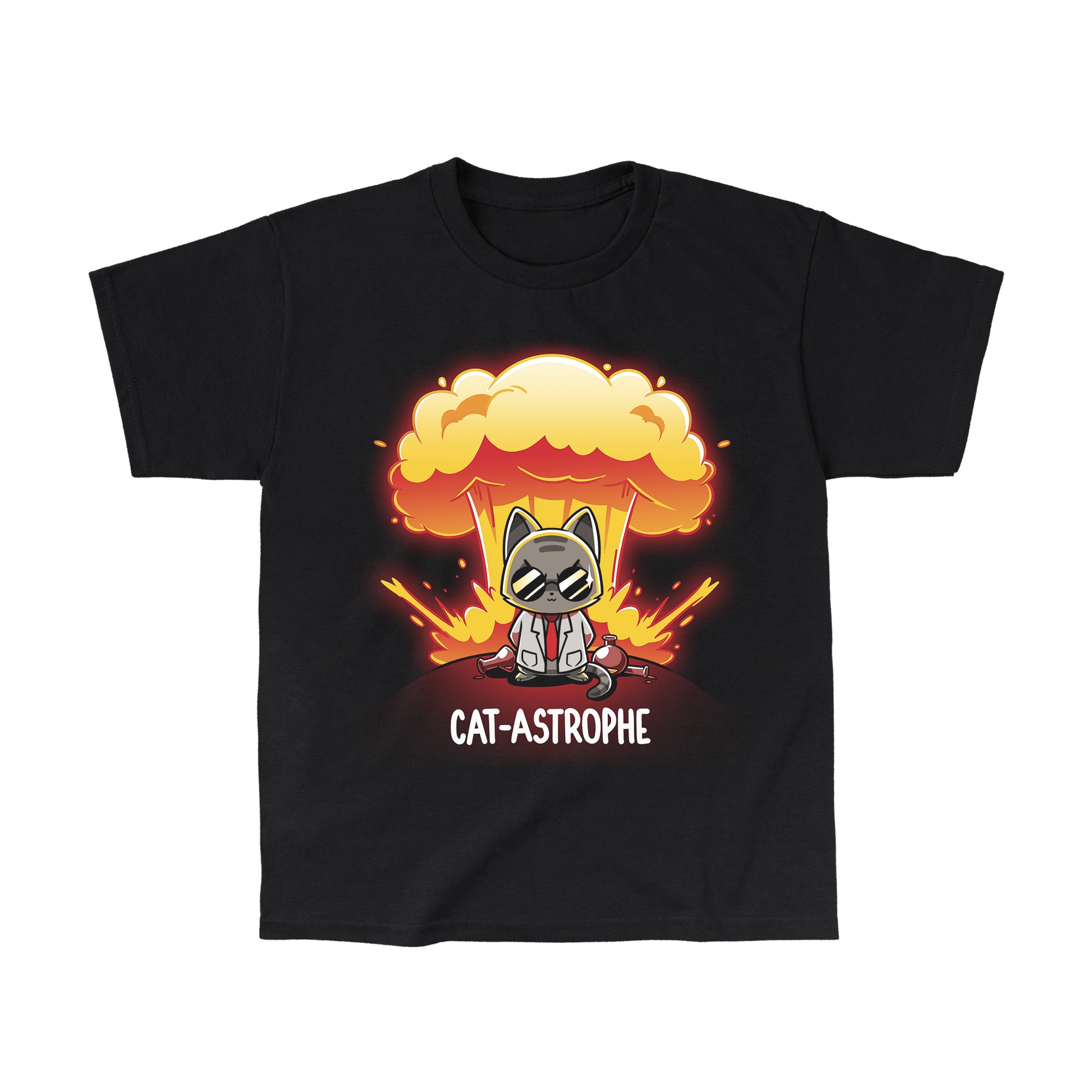 Classic Cotton T-shirt_Teeturtle Cat-Astrophe black t-shirt featuring a sunglasses-wearing cat in a lab coat surrounded by broken vials and lab beakers with a mushroom cloud explosion behind and the word "Cat-Astrophe" written underneath.