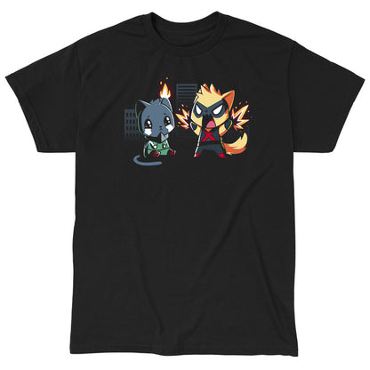 Classic Cotton T-shirt_TeeTurtle black Cat Fight featuring two cats in superhero costumes with one cat crying since its ear on fire, and the other cat powering up with a city in the background.