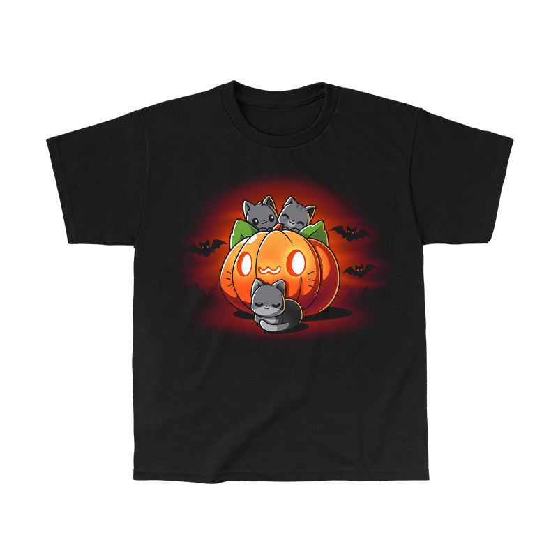 Classic Cotton T-shirt_TeeTurtle black Cat O'Lantern. Featuring a giant pumpkin jack-o-lantern with a cat face surrounded by cats.