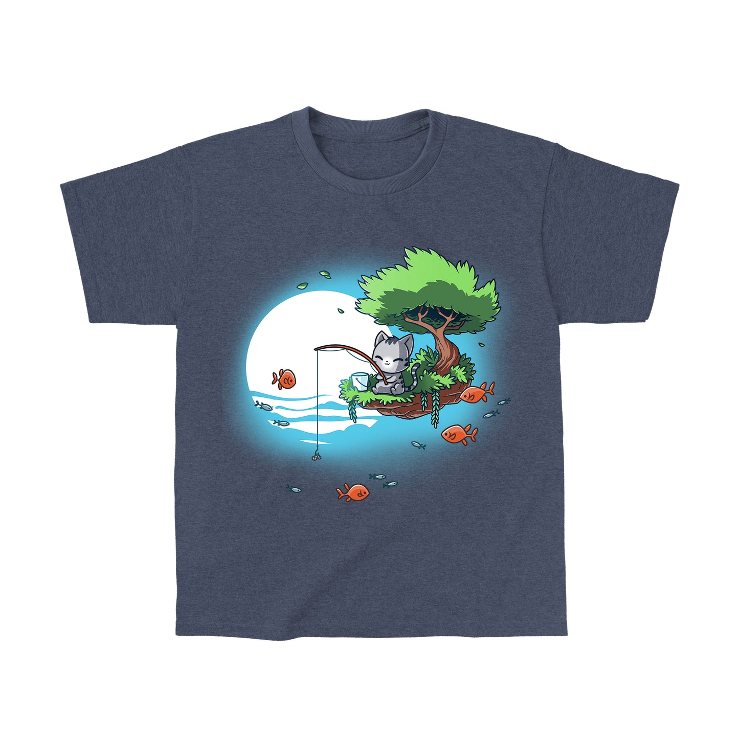 Classic Cotton T-shirt_TeeTurtle Cat Fishing heather navy blue t-shirt featuring a cat sitting tree branch over water, fishing with a rod. 