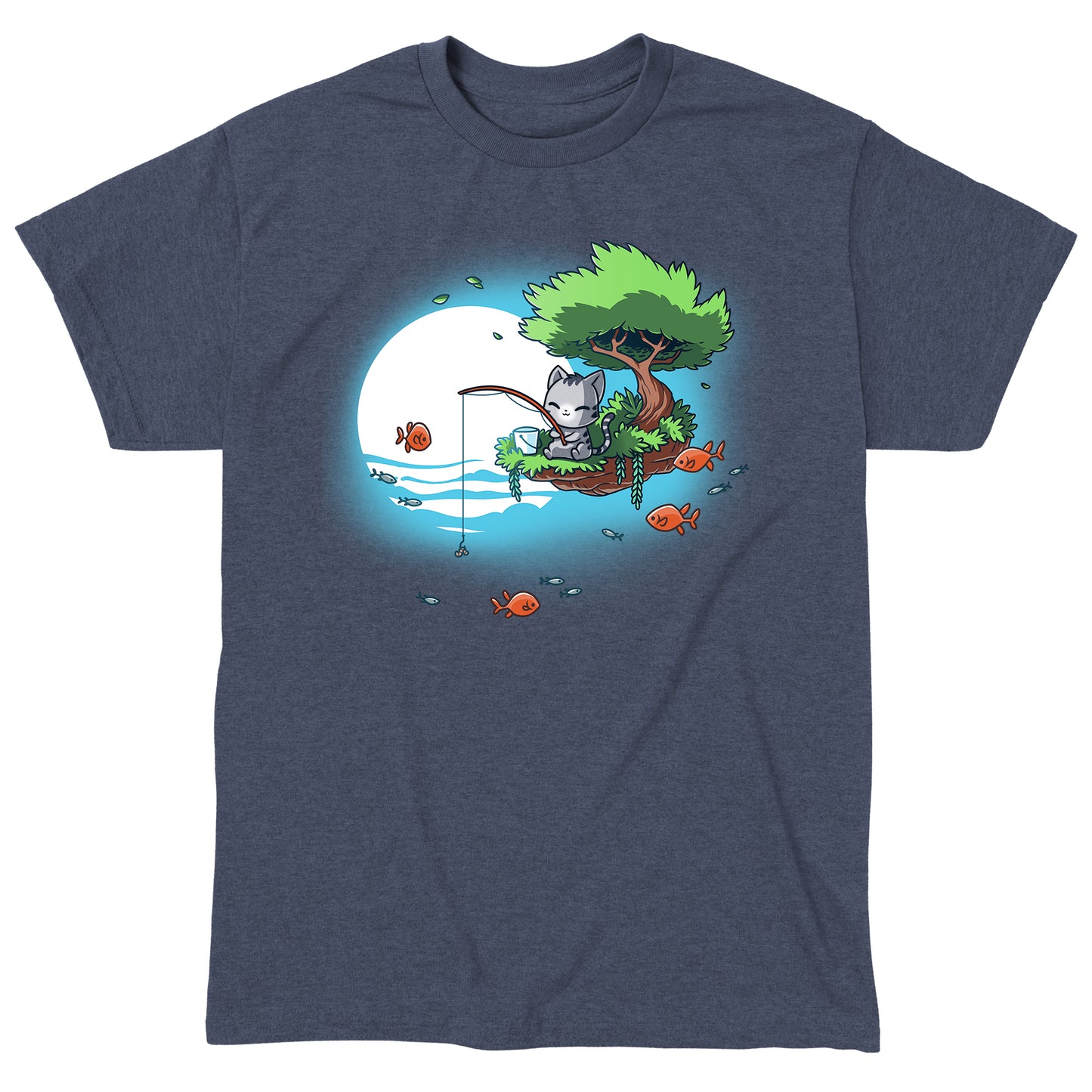 Classic Cotton T-shirt_TeeTurtle Cat Fishing heather navy blue t-shirt featuring a cat sitting tree branch over water, fishing with a rod. 