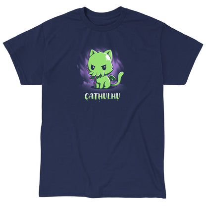 Classic Cotton T-shirt_TeeTurtle Cathulhu navy blue t-shirt featuring a cat with tentacles.