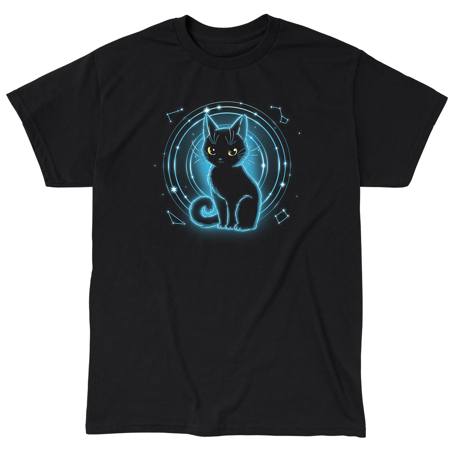 Classic Cotton T-shirt_TeeTurtle Celestial Cat black t-shirt featuring a celestial cat in front of a starry background.