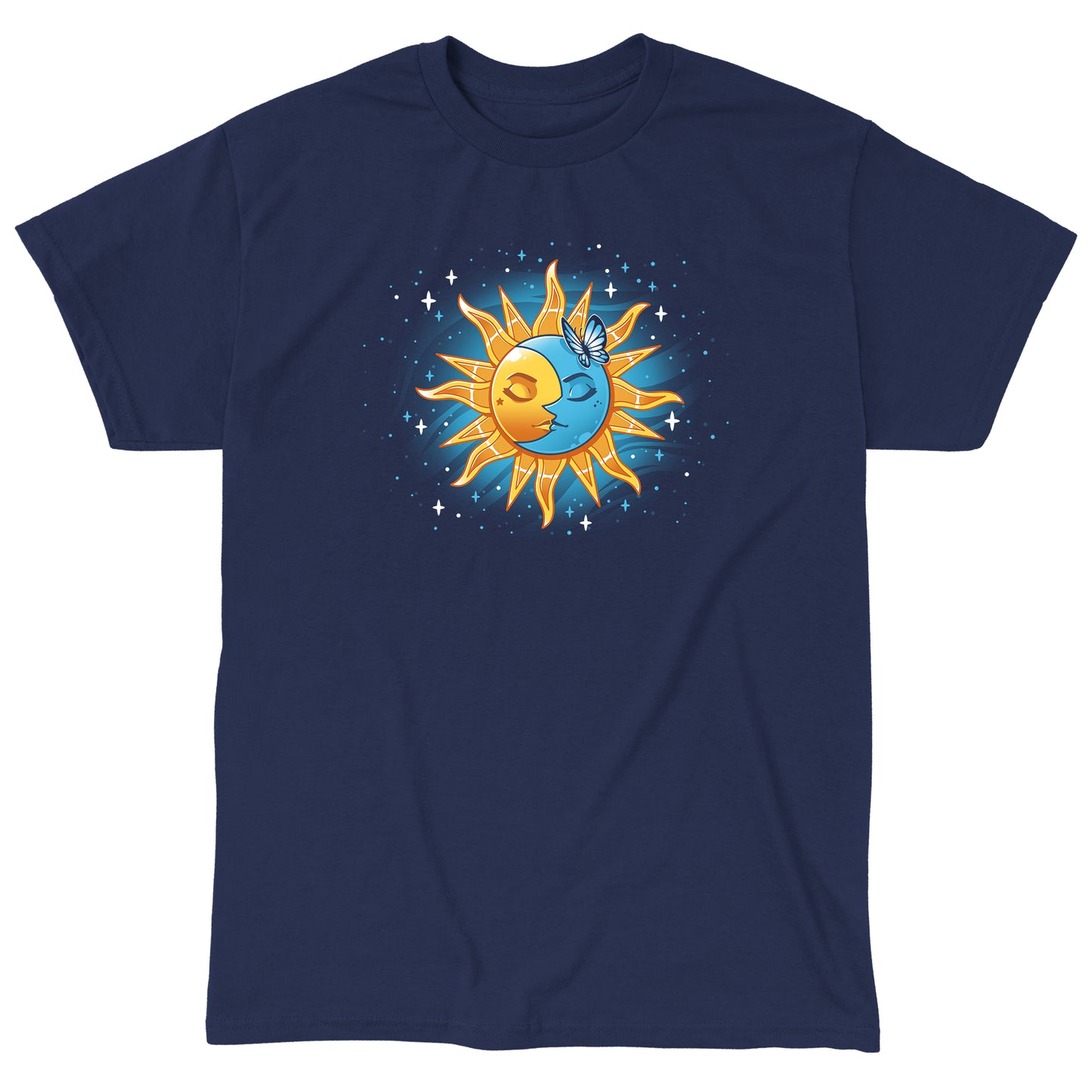 Classic Cotton T-shirt_TeeTurtle Celestial Duo navy blue t-shirt featuring a sun and moon surrounded by stars. 