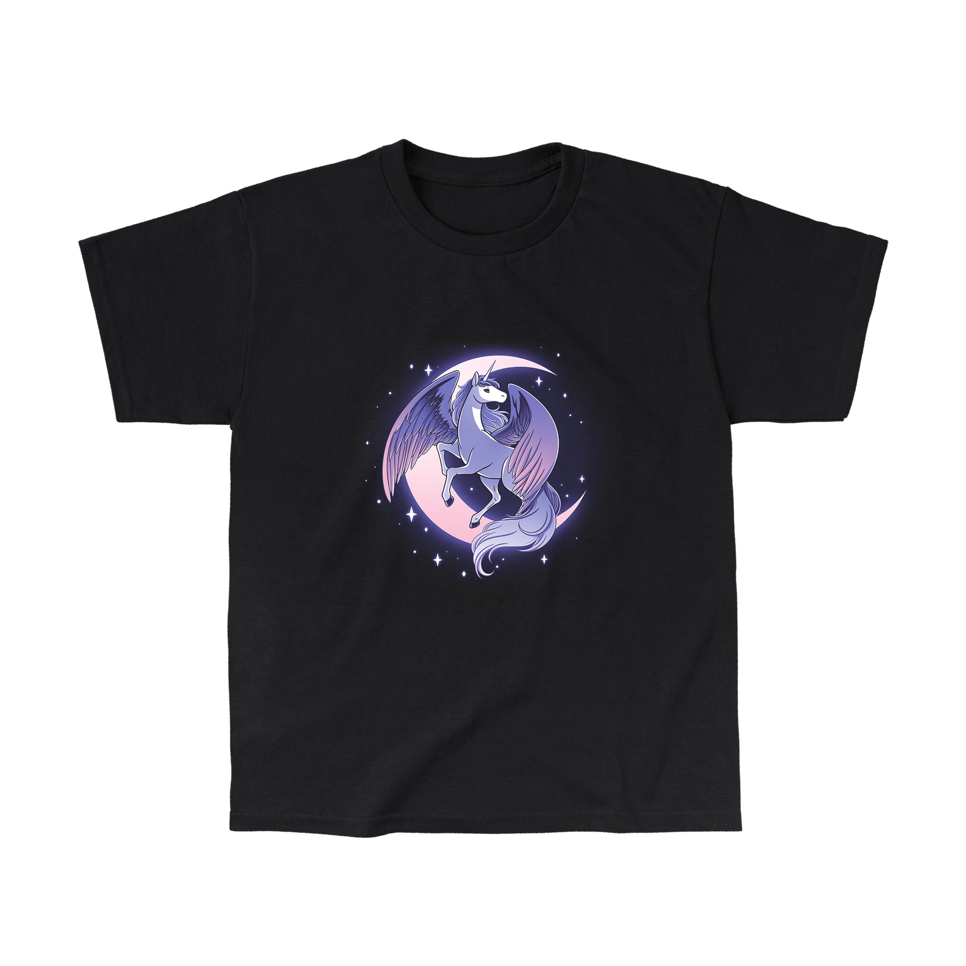 Classic Cotton T-shirt_TeeTurtle Celestial Winged Unicorn black t-shirt featuring a celestial winged unicorn with a crescent moon in the background.