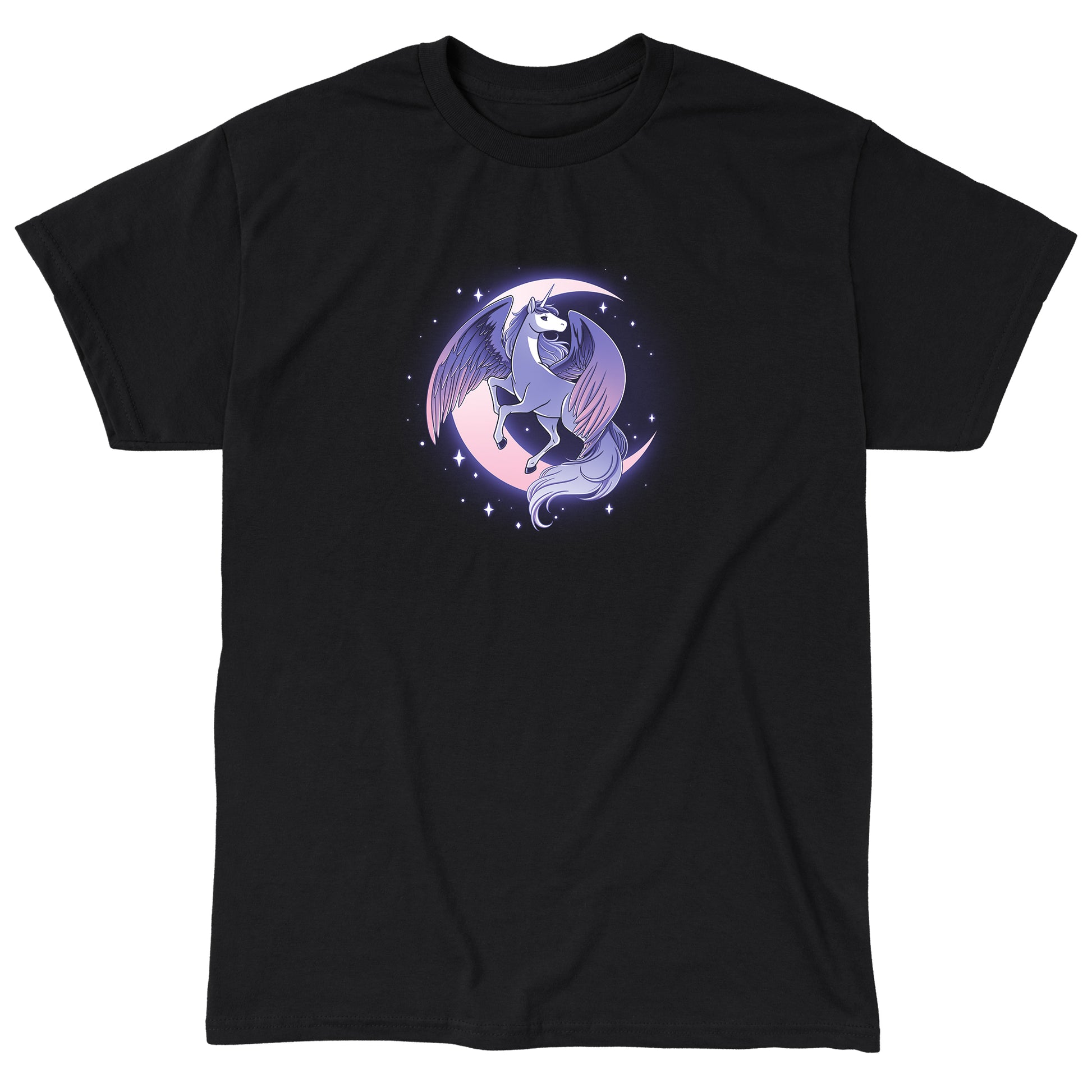 Classic Cotton T-shirt_TeeTurtle Celestial Winged Unicorn black t-shirt featuring a celestial winged unicorn with a crescent moon in the background.