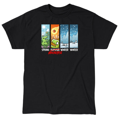 Classic Cotton T-shirt_TeeTurtle black Changing of the Seasons. Featuring a t-rex experiencing the changing seasons of spring, apocalypse, winter, and winter.