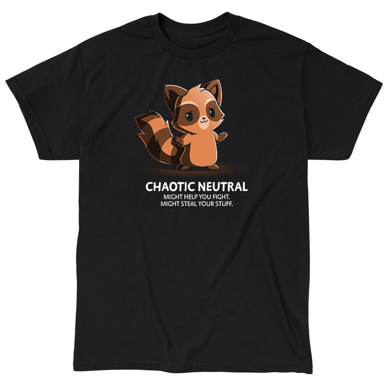 Classic Cotton T-shirt_TeeTurtle chaotic-neutral black t-shirt featuring an illustration of a raccoon with a caption "Chaotic Neutral. Might help you fight. Might steal your stuff." The raccoon has a smug expression and stands against a dark background Chaotic Neutral