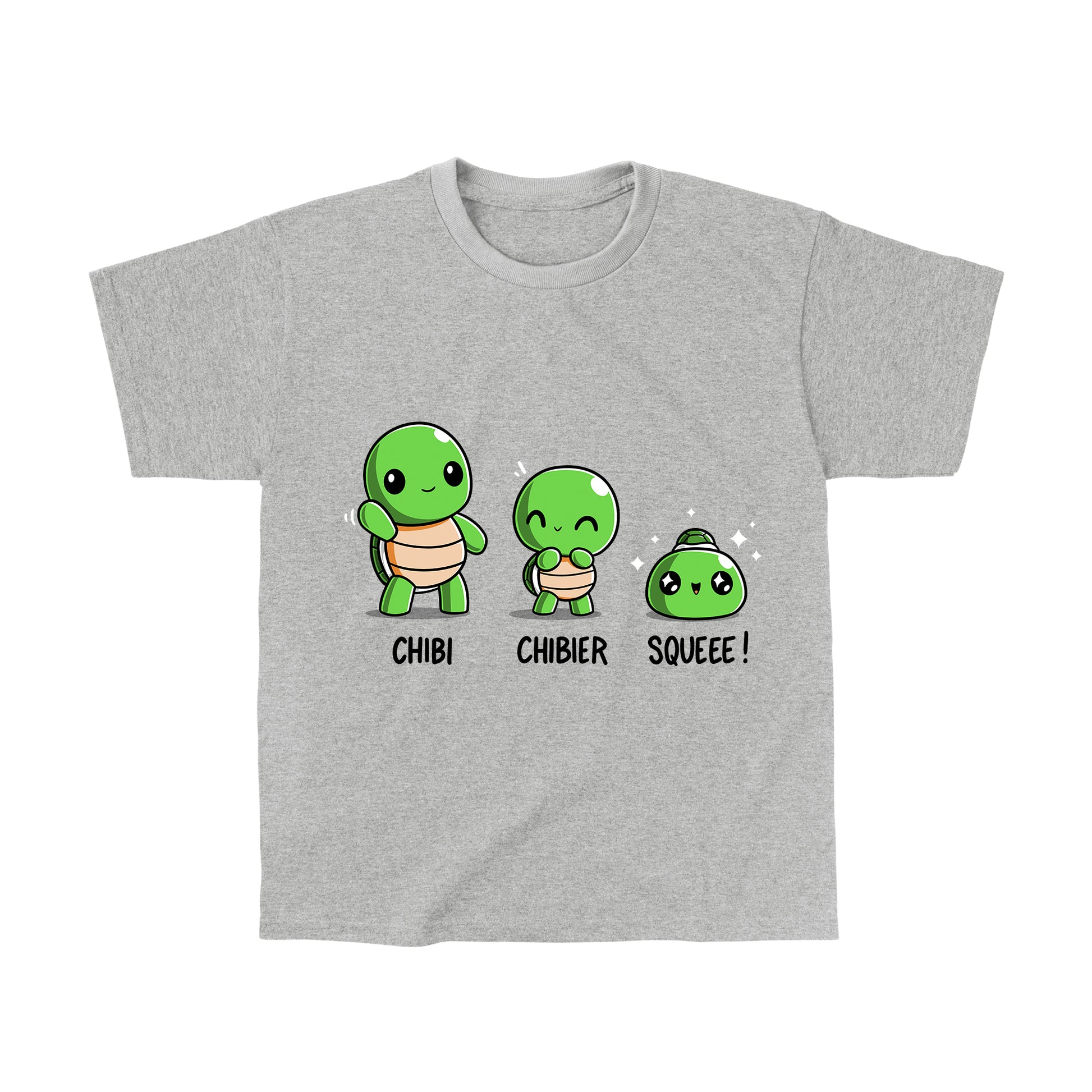 Classic Cotton T-shirt_TeeTurtle Chibi, Chibier, Squeee! heather gray t-shirt featuring three turtles standing side by side showing varying levels of cuteness.