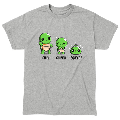 Classic Cotton T-shirt_TeeTurtle Chibi, Chibier, Squeee! heather gray t-shirt featuring three turtles standing side by side showing varying levels of cuteness.