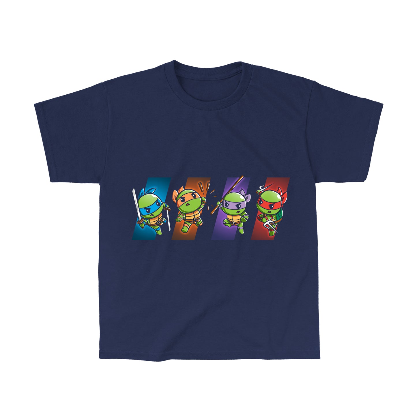 Classic Cotton T-shirt_TeeTurtle navy blue Choose Your Character: Teenage Mutant Ninja Turtles apparel featuring  Raphael, Leonardo, Michaelangelo, and Donatello in dynamic poses on colored backgrounds corresponding to their personal colors.