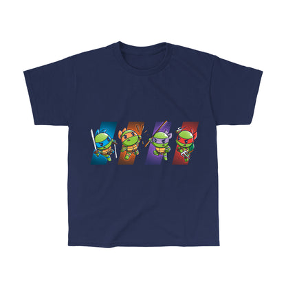 Classic Cotton T-shirt_TeeTurtle navy blue Choose Your Character: Teenage Mutant Ninja Turtles apparel featuring  Raphael, Leonardo, Michaelangelo, and Donatello in dynamic poses on colored backgrounds corresponding to their personal colors.