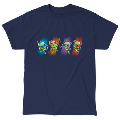 Classic Cotton T-shirt_TeeTurtle navy blue Choose Your Character: Teenage Mutant Ninja Turtles apparel featuring  Raphael, Leonardo, Michaelangelo, and Donatello in dynamic poses on colored backgrounds corresponding to their personal colors.