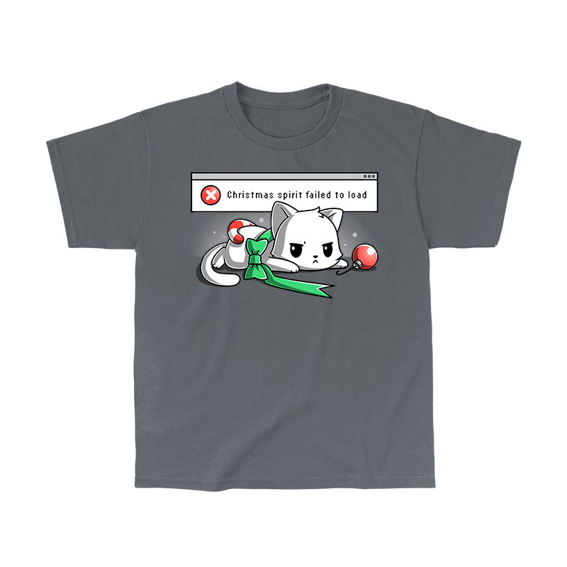 Classic Cotton T-shirt_TeeTurtle charcoal gray Christmas Spirit Failed To Load apparel featuring a grumpy white cat with Christmas ornaments stacked on it, and an error message in the background saying, “X Christmas Spirit Failed To Load”.