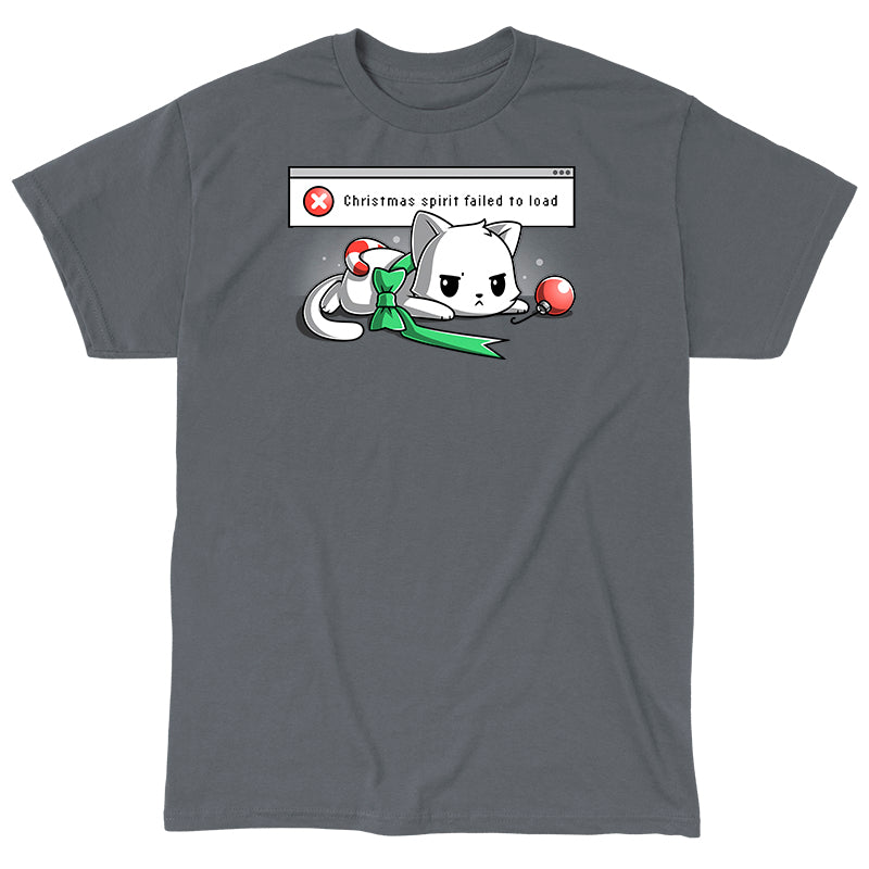 Classic Cotton T-shirt_TeeTurtle charcoal gray Christmas Spirit Failed To Load apparel featuring a grumpy white cat with Christmas ornaments stacked on it, and an error message in the background saying, “X Christmas Spirit Failed To Load”.