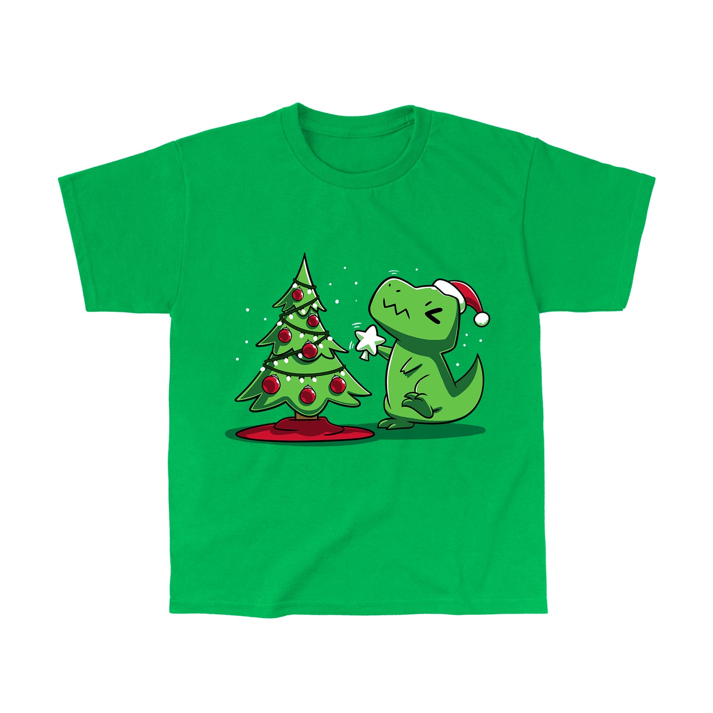 Classic Cotton T-shirt_TeeTurtle Christmas T-Rex Irish green t-shirt featuring a cartoon dinosaur wearing a Santa hat placing a star atop a Christmas tree adorned with red baubles and lights. 