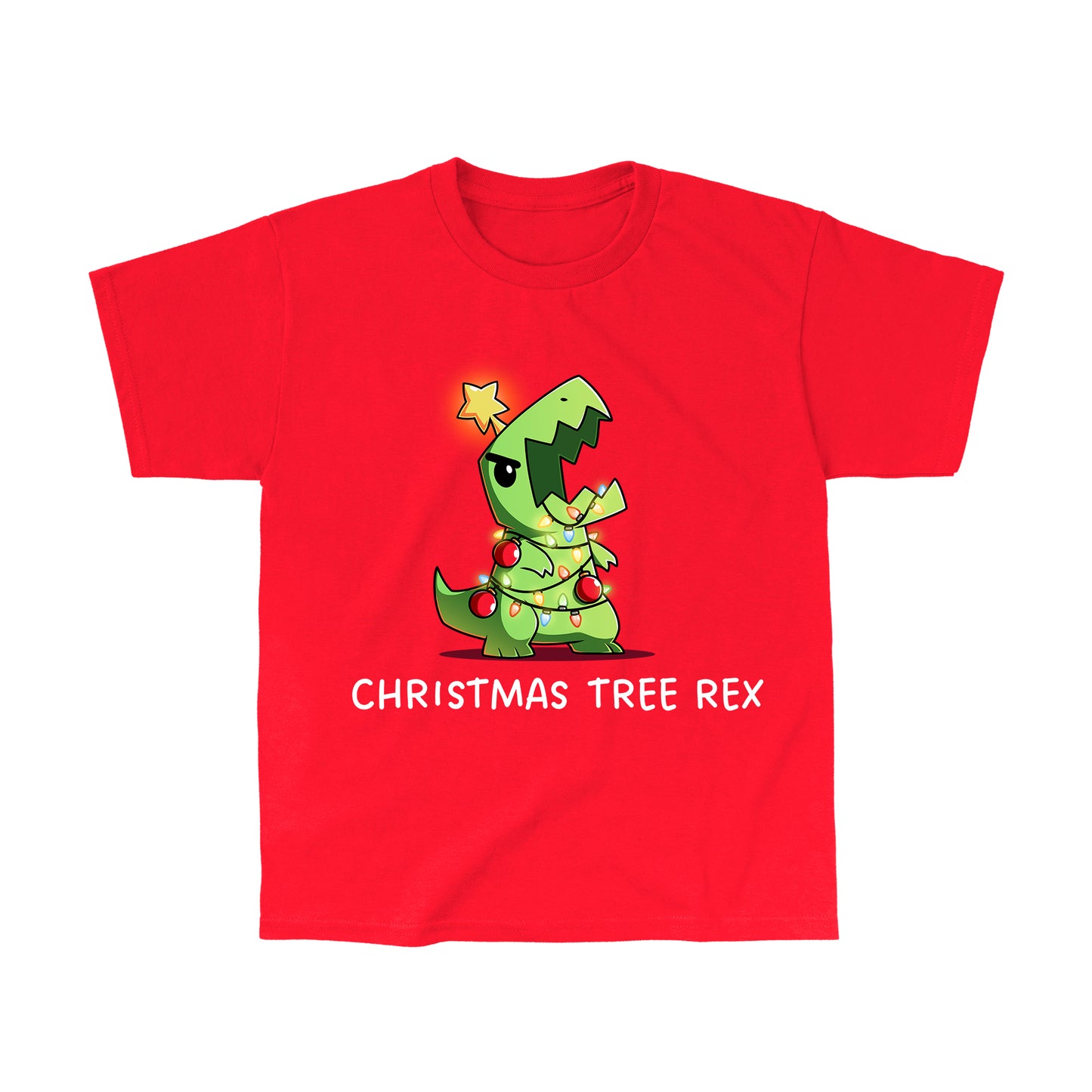 Classic Cotton T-shirt_TeeTurtle red Christmas Tree Rex apparel featuring a roaring t-rex tangled in holiday lights.