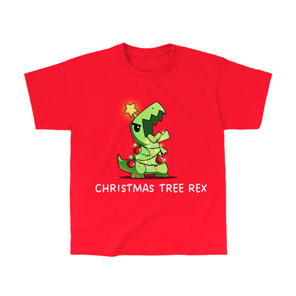 Classic Cotton T-shirt_TeeTurtle red Christmas Tree Rex apparel featuring a roaring t-rex tangled in holiday lights.