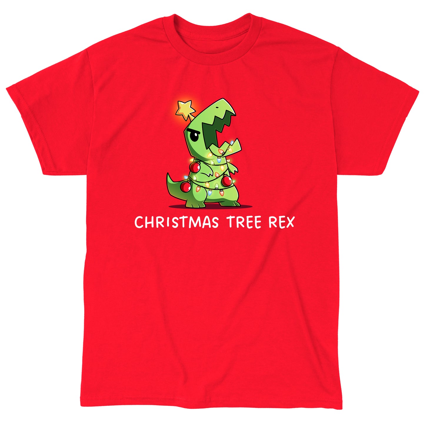 Classic Cotton T-shirt_TeeTurtle red Christmas Tree Rex apparel featuring a roaring t-rex tangled in holiday lights.